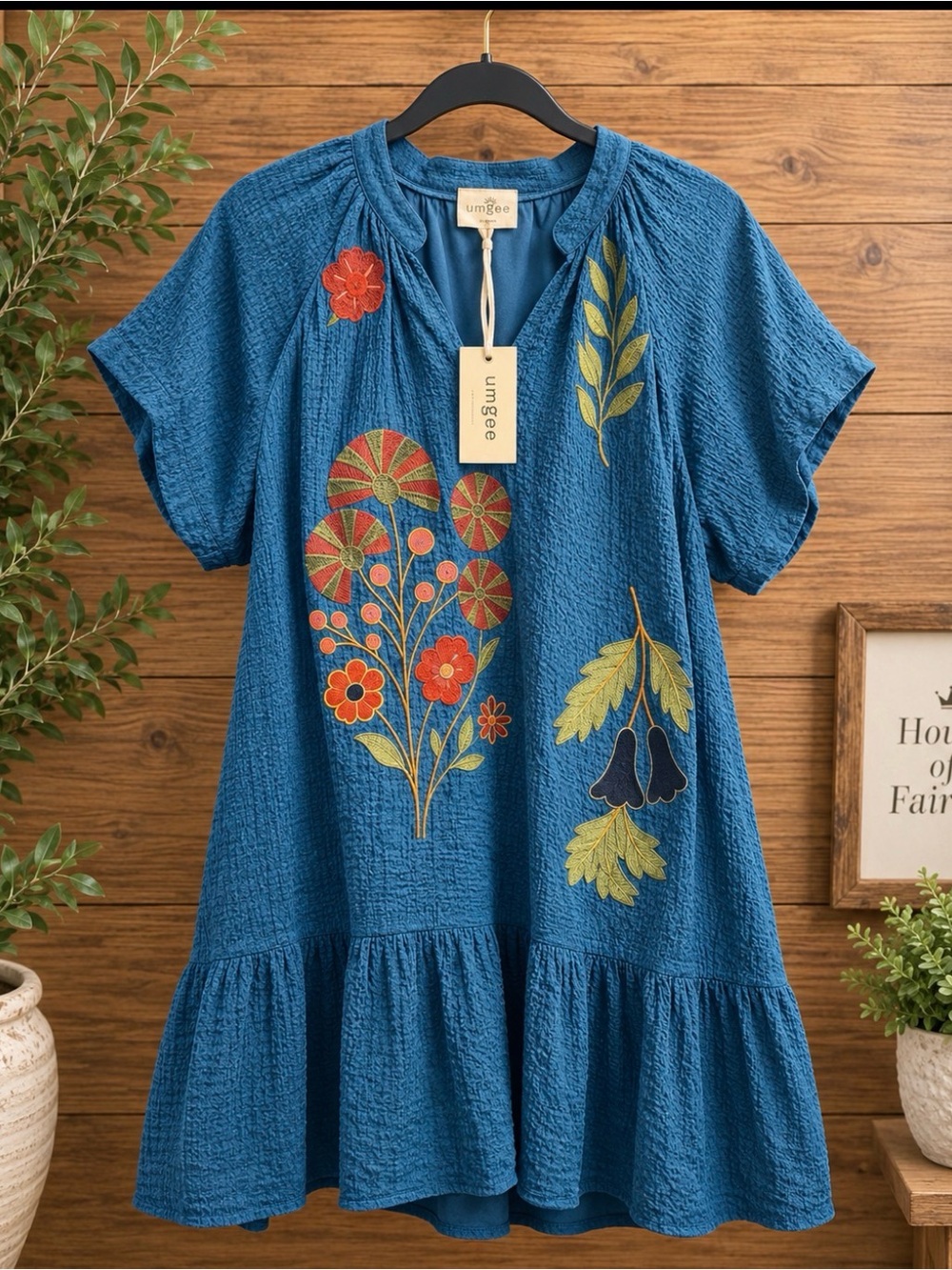 Umgee Blue Embroidered Floral Boho Tiered Dress Sample  (Fits Approx. XL) NWT